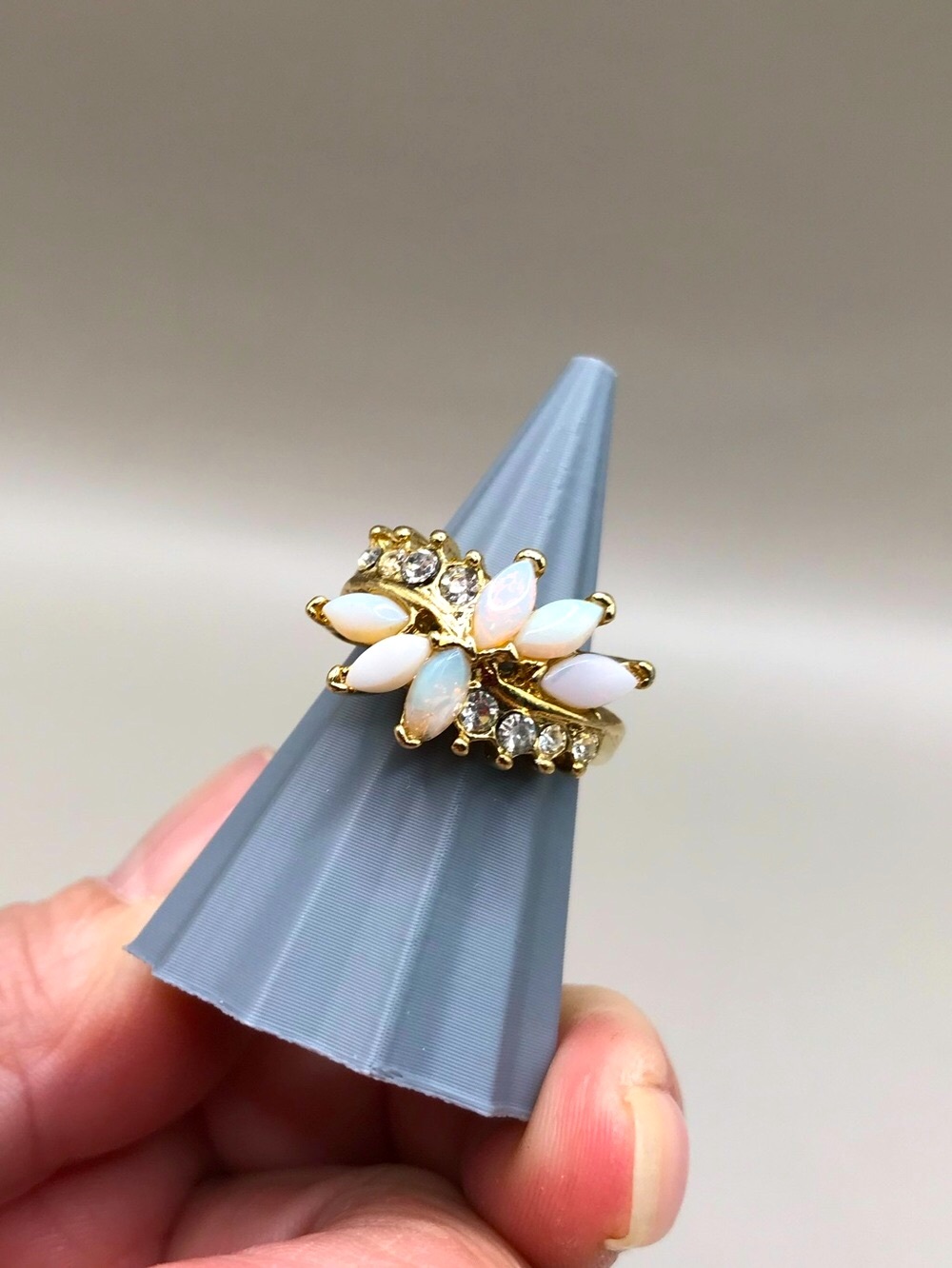 Gold-Tone Faux Opal & Rhinestones Band Ring